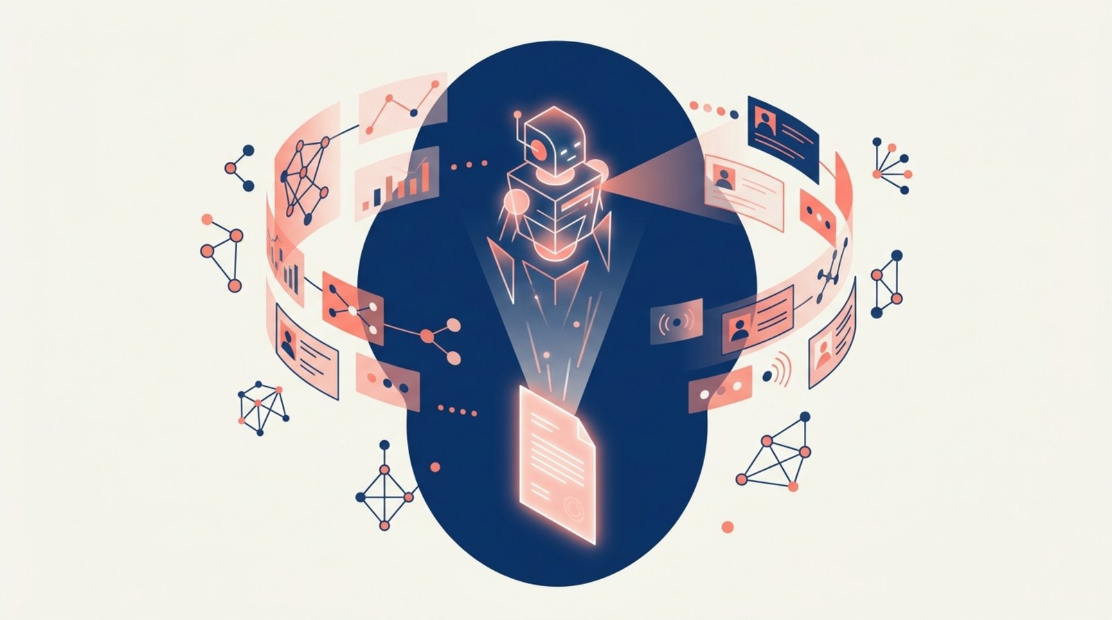Illustration d'un agent IA condensant des signaux d'achat en un brief de compte synthétique