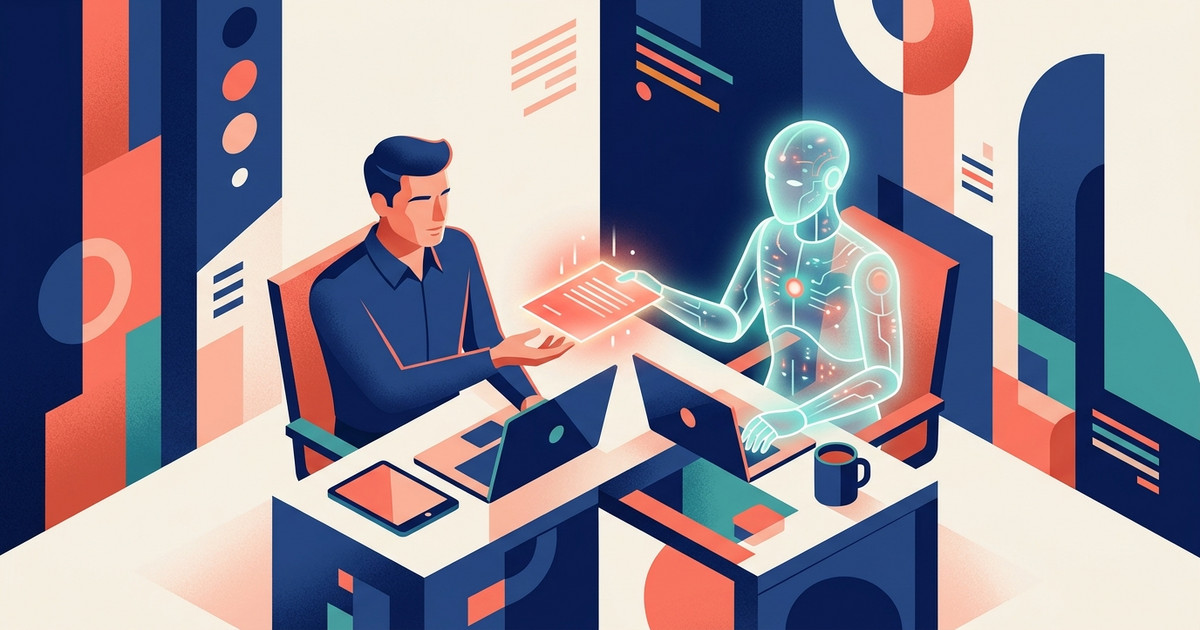 Illustration éditoriale d'un commercial et d'un agent IA collaborant autour d'un brief de compte