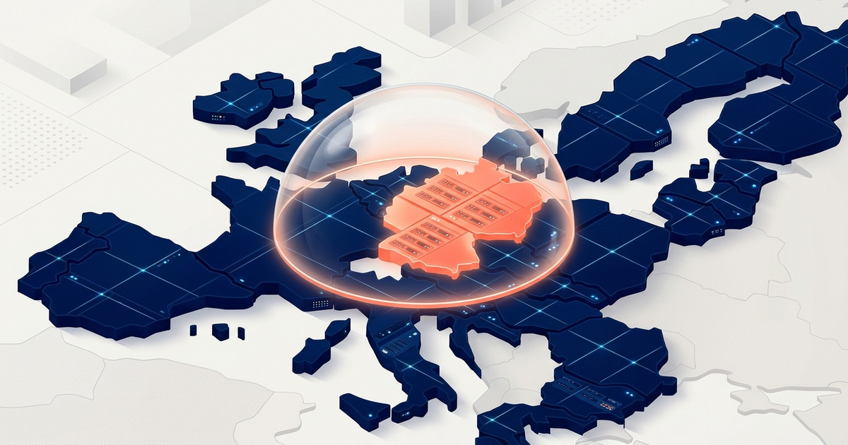 Illustration éditoriale d'un cloud souverain représenté par des blocs de serveurs protégés par un dôme, symbolisant l'immunité juridique face à la localisation des données