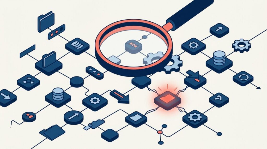 Illustration d'une loupe examinant un réseau d'outils logiciels connectés, symbolisant l'audit de pérennité du stack commercial