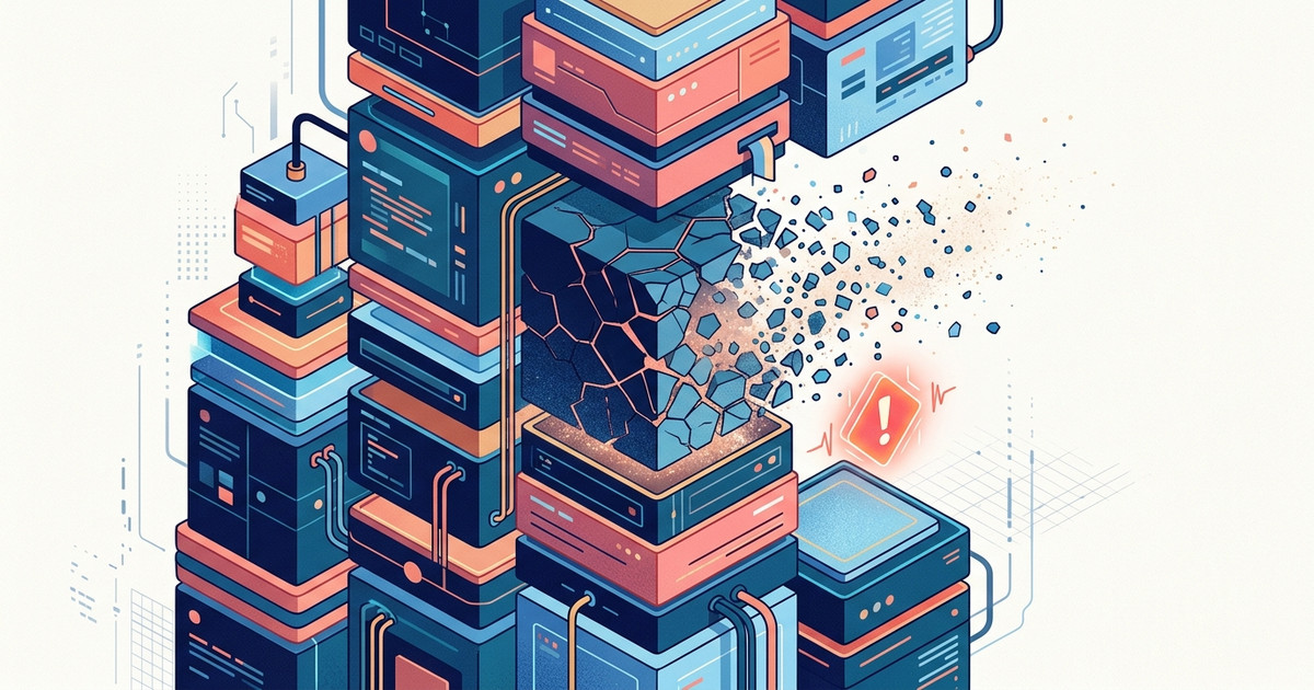 Illustration d'un bloc logiciel qui s'effondre au sein d'une pile d'outils commerciaux connectés, symbolisant la fin de vie d'un CRM