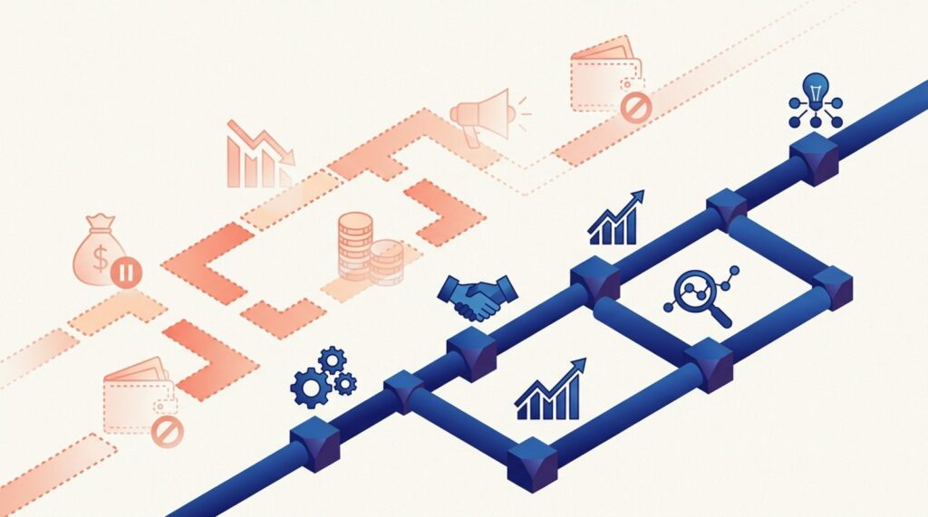 Illustration comparant un budget marketing en pause et un pipeline commercial qui continue d'avancer