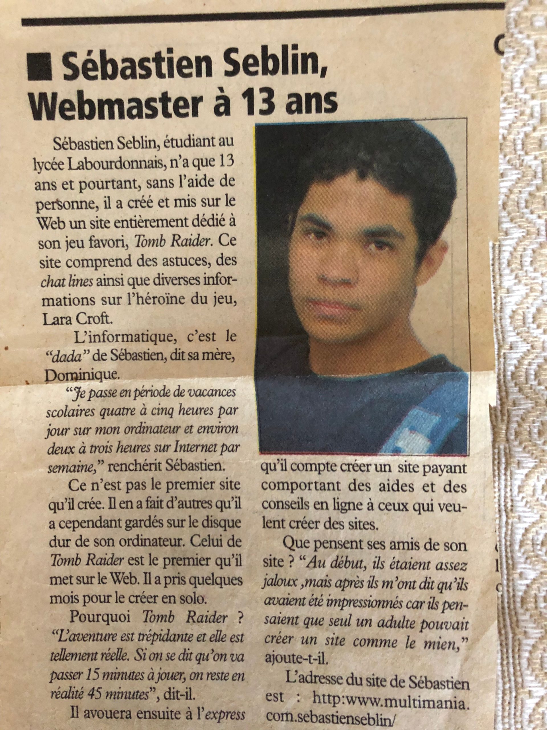 Article de presse de 1998 : « Sébastien Seblin, webmaster à 13 ans », évoquant son site dédié à Tomb Raider